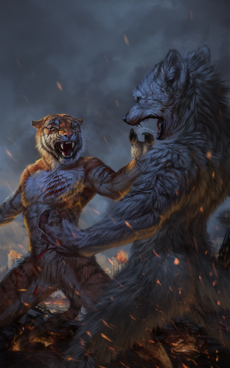anthro blood canine claws conditional_dnp drooling duo ears_back fangs feline fight fire fur inner_ear_fluff latex_(artist) mammal nude open_mouth outside overcast saliva sky snarling striped_fur stripes tiger whiskers wolf wounded yellow_eyes