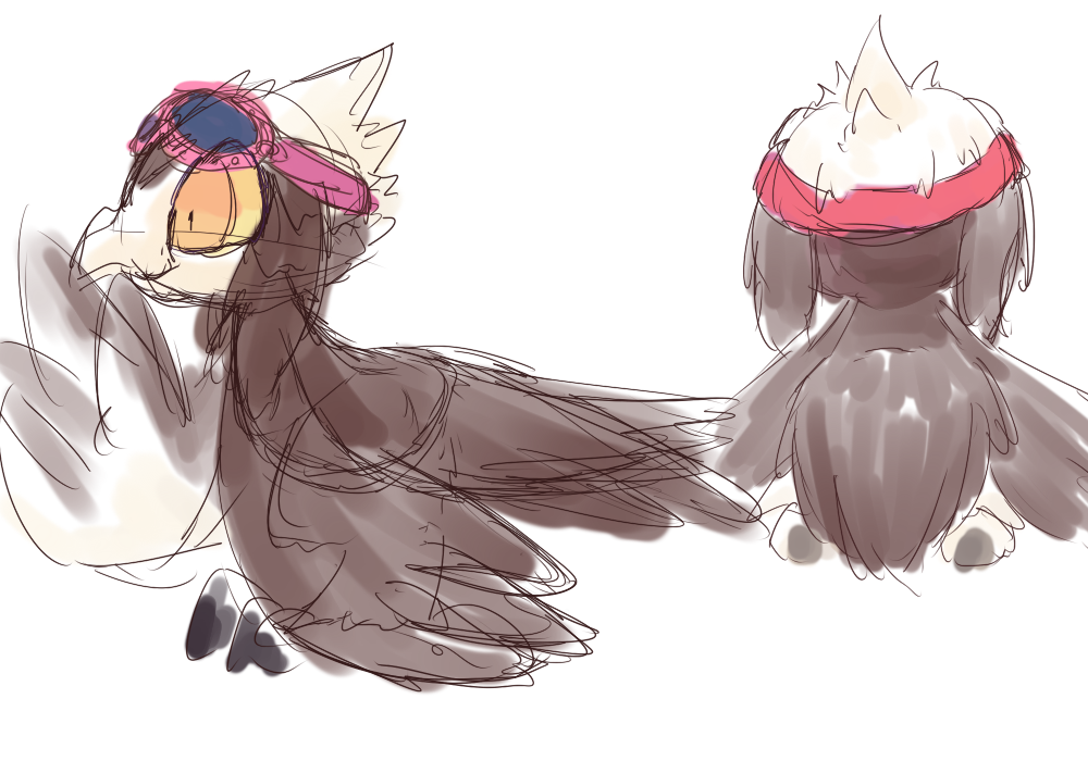 2018 ambiguous_gender anthro avian eyewear feathered_wings feathers goggles goggles_on_forehead multiple_angles nettsuu rear_view side_view simple_background sketch solo white_background wings