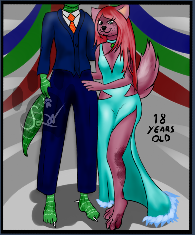 anthro canid canine canis clothing collar couple_(disambiguation) domestic_dog dress female fur hair lizard mammal prom purple_fur red_hair reptile scalie slw watermelon_wine