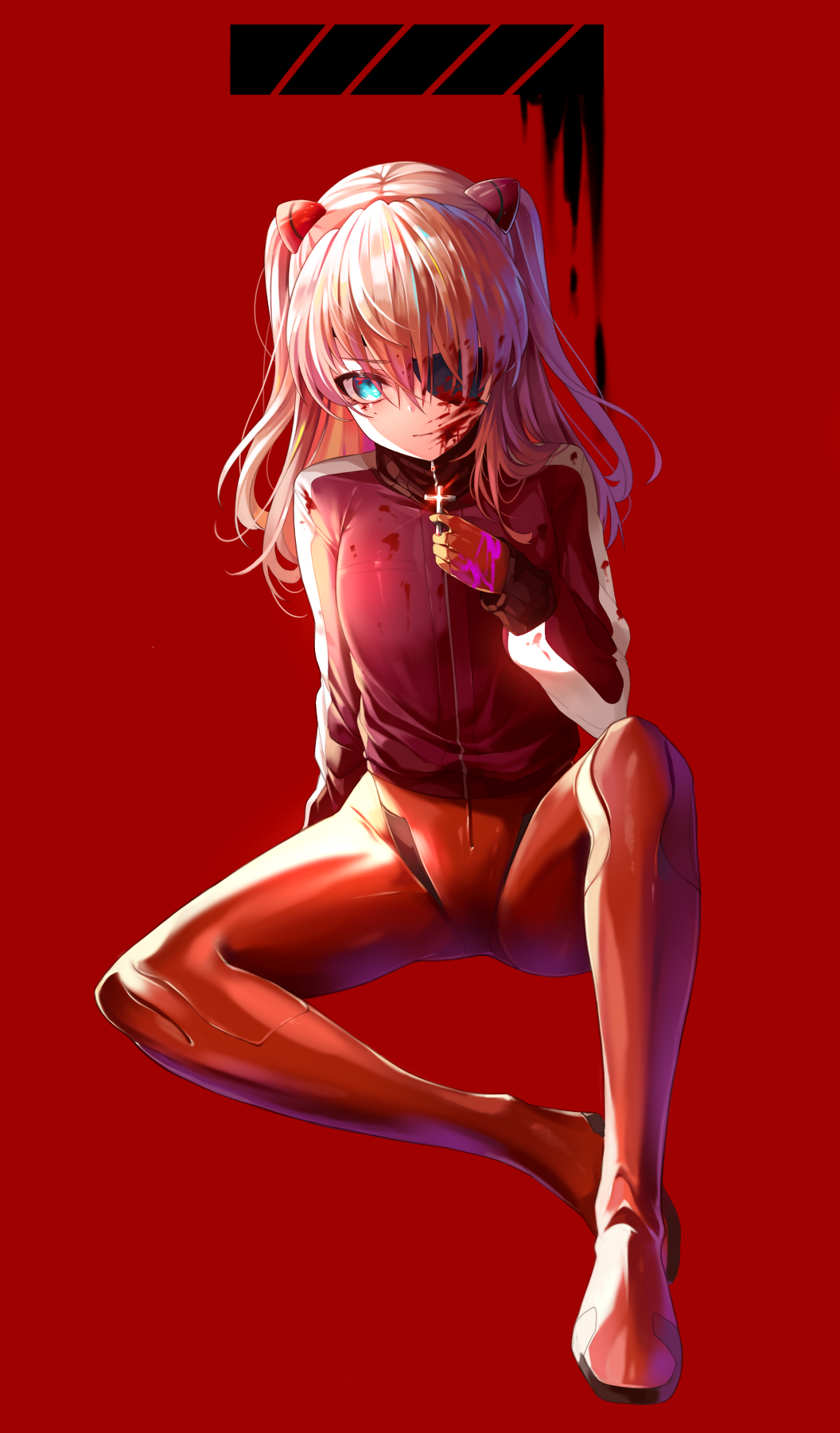1girl bangs blood blood_on_face bloody_clothes blue_eyes bodysuit commentary cross cross_necklace eyebrows_visible_through_hair eyepatch full_body hair_between_eyes highres holding huyou_(awegk) jacket jewelry knee_up light_brown_hair long_hair long_sleeves necklace neon_genesis_evangelion plugsuit red_background red_bodysuit red_jacket sitting solo soryu_asuka_langley track_jacket two_side_up