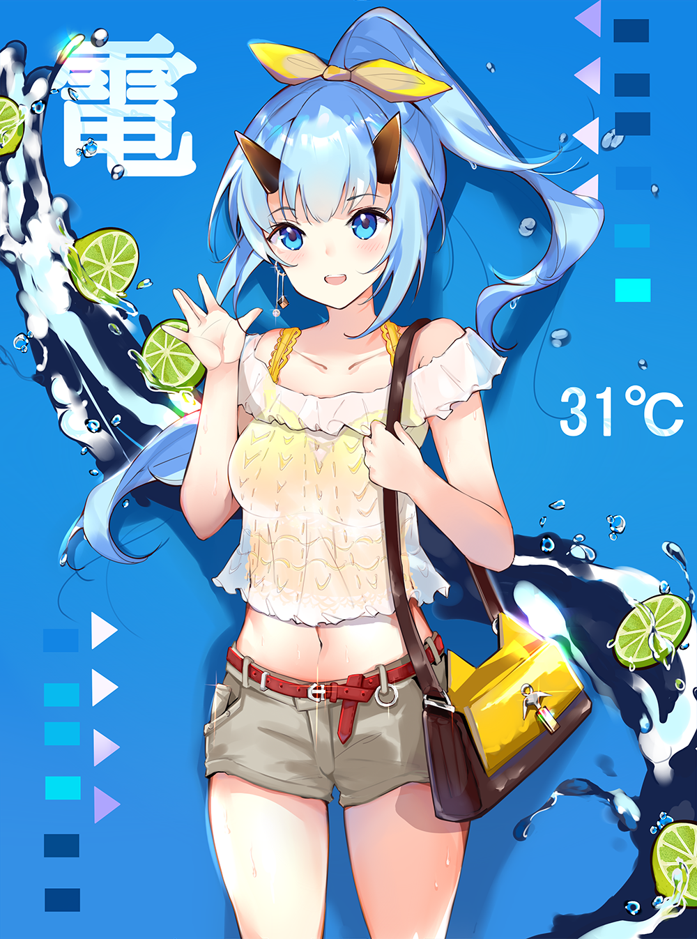 1girl alternate_costume azur_lane bare_shoulders belt blue_background blue_eyes blue_hair blush bow breasts casual character_name collarbone day earrings eyebrows_visible_through_hair food fruit hair_between_eyes hair_ornament hair_ribbon highres horns inazuma_(azur_lane) itohime jewelry lemon lemon_slice long_hair looking_at_viewer medium_breasts midriff navel off-shoulder_shirt off_shoulder open_mouth ribbon shirt short_sleeves shorts smile solo standing temperature water weather yellow_bow yellow_shirt