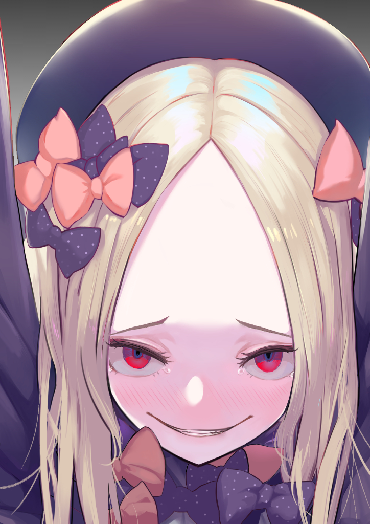 1girl abigail_williams_(fate/grand_order) black_bow blonde_hair blush bow everfornever evil_grin evil_smile eyebrows eyelashes fate/grand_order fate_(series) forehead grin hair_bow hat long_sleeves looking_at_viewer orange_bow polka_dot polka_dot_bow red_eyes sharp_teeth smile solo tears teeth