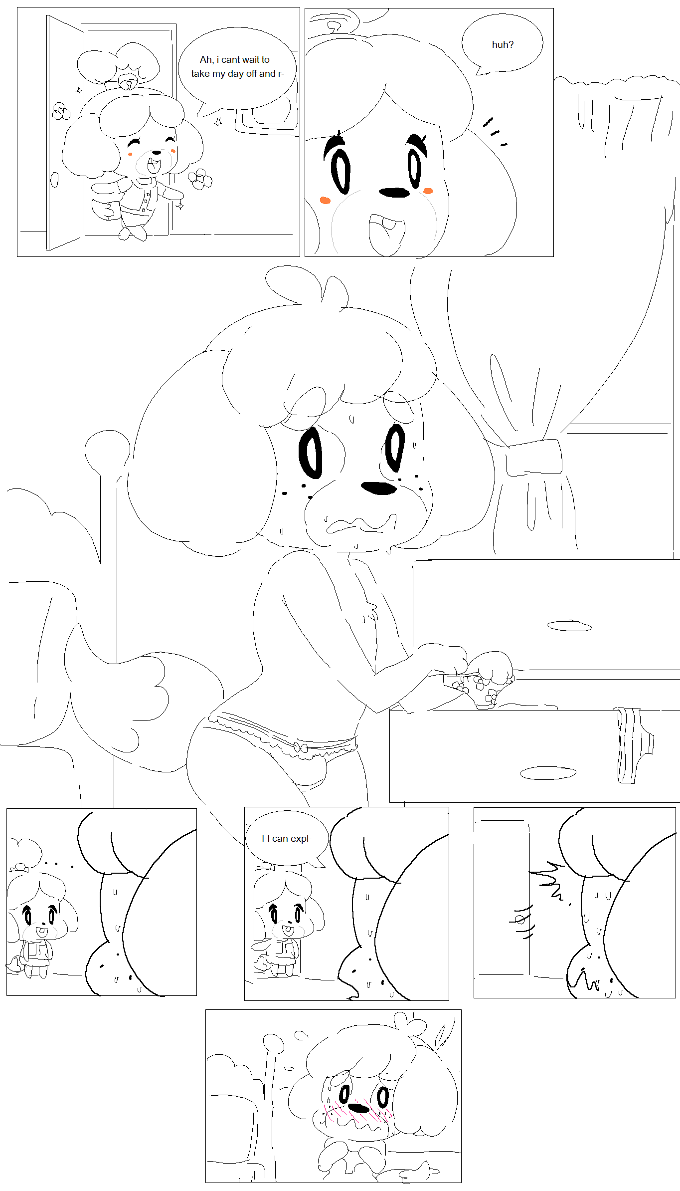 animal_crossing anthro bedroom bell black_and_white blush brother building bulge canine chest_tuft clothed clothing comic crossdressing digby_(animal_crossing) dipstick_tail dog dream-cassette embarrassed english_text eyebrows_visible_through_hair featureless_chest featureless_feet female flat_chested hair hair_bun happy house isabelle_(animal_crossing) male mammal monochrome mostly_nude motion_lines multicolored_tail nintendo open_door open_mouth panties shih_tzu shocked short_hair short_stack sibling sister sketch speech_bubble sweat text tuft underwear video_games