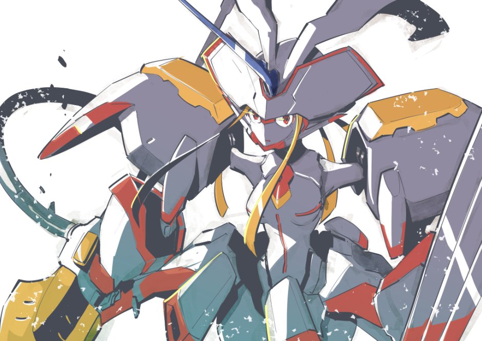 cowboy_shot darling_in_the_franxx holding holding_spear holding_weapon horn humanoid_robot koyama_shigeto looking_at_viewer mecha medium_breasts no_humans open_mouth polearm red_eyes simple_background solo spear strelizia weapon white_background