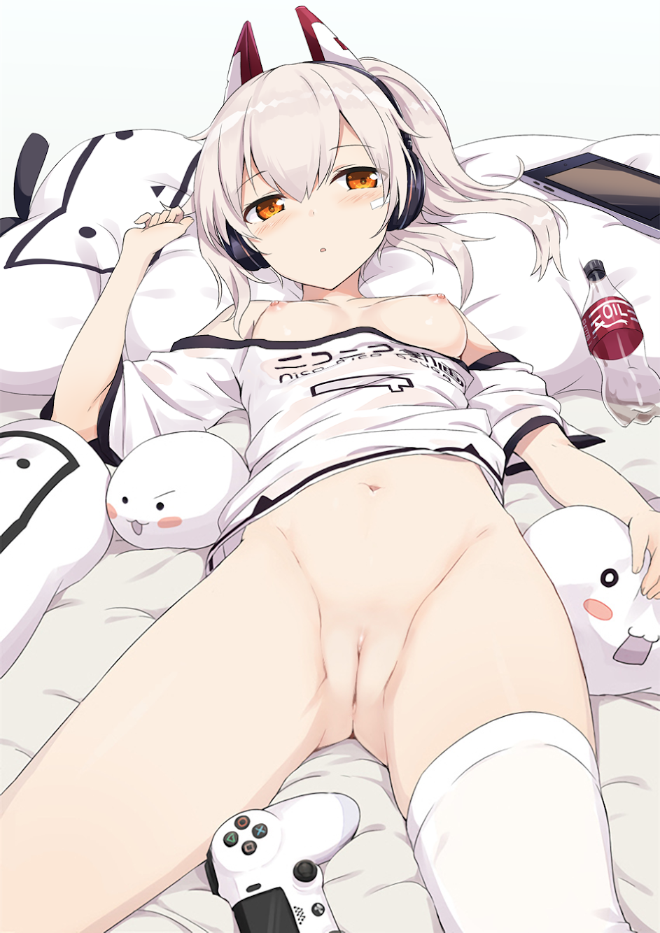 1girl :o ayanami_(azur_lane) azur_lane bare_shoulders bed_sheet blonde_hair blush blush_stickers bottle bottomless breast_slip breasts clothes_writing controller cowboy_shot dakimakura_(object) dualshock eyebrows_visible_through_hair game_controller gamepad gochou_(atemonai_heya) groin hagirussia_(sanyanyanya) hair_between_eyes hair_ornament half-closed_eyes hand_up headgear headphones highres long_hair looking_at_viewer lying navel niconico nipples off-shoulder_shirt on_back orange_eyes parted_lips pillow platinum_blonde playstation_controller ponytail see-through shiny shiny_hair shirt short_sleeves side_ponytail silver_hair simple_background single_thighhigh small_breasts solo stomach stuffed_toy tablet thighhighs thighs third-party_edit uncensored underwear white_background white_legwear white_shirt
