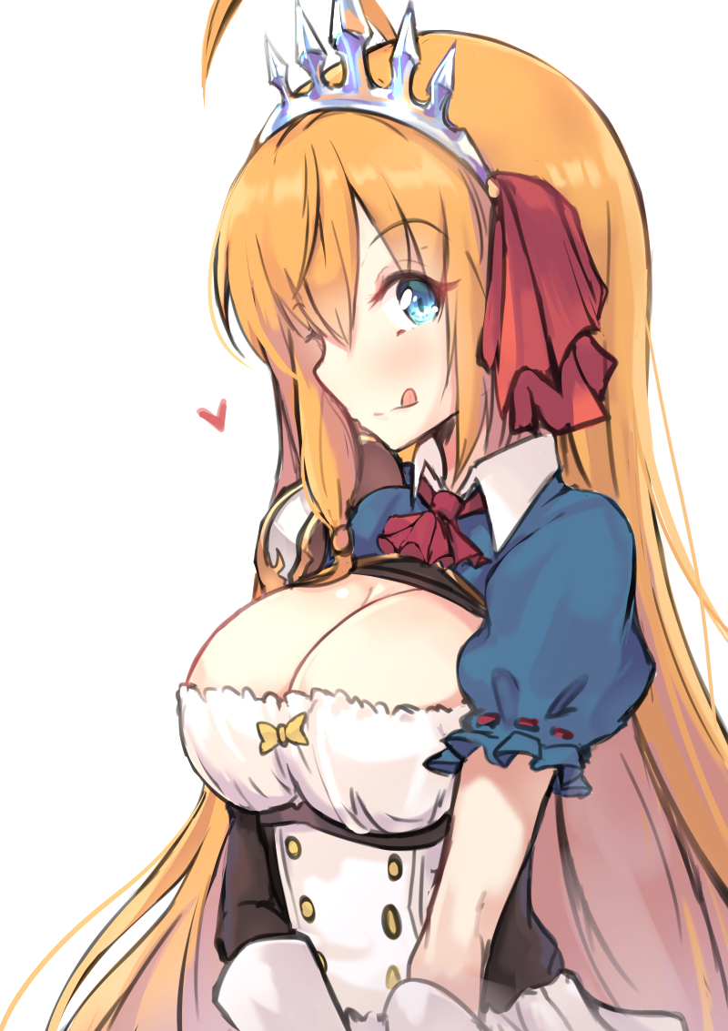 :q ahoge blonde_hair blue_eyes breasts cleavage commentary eyebrows_visible_through_hair hair_between_eyes heart large_breasts long_hair nakatokung pecorine princess_connect! princess_connect!_re:dive short_hair simple_background solo tiara tongue tongue_out underbust upper_body white_background