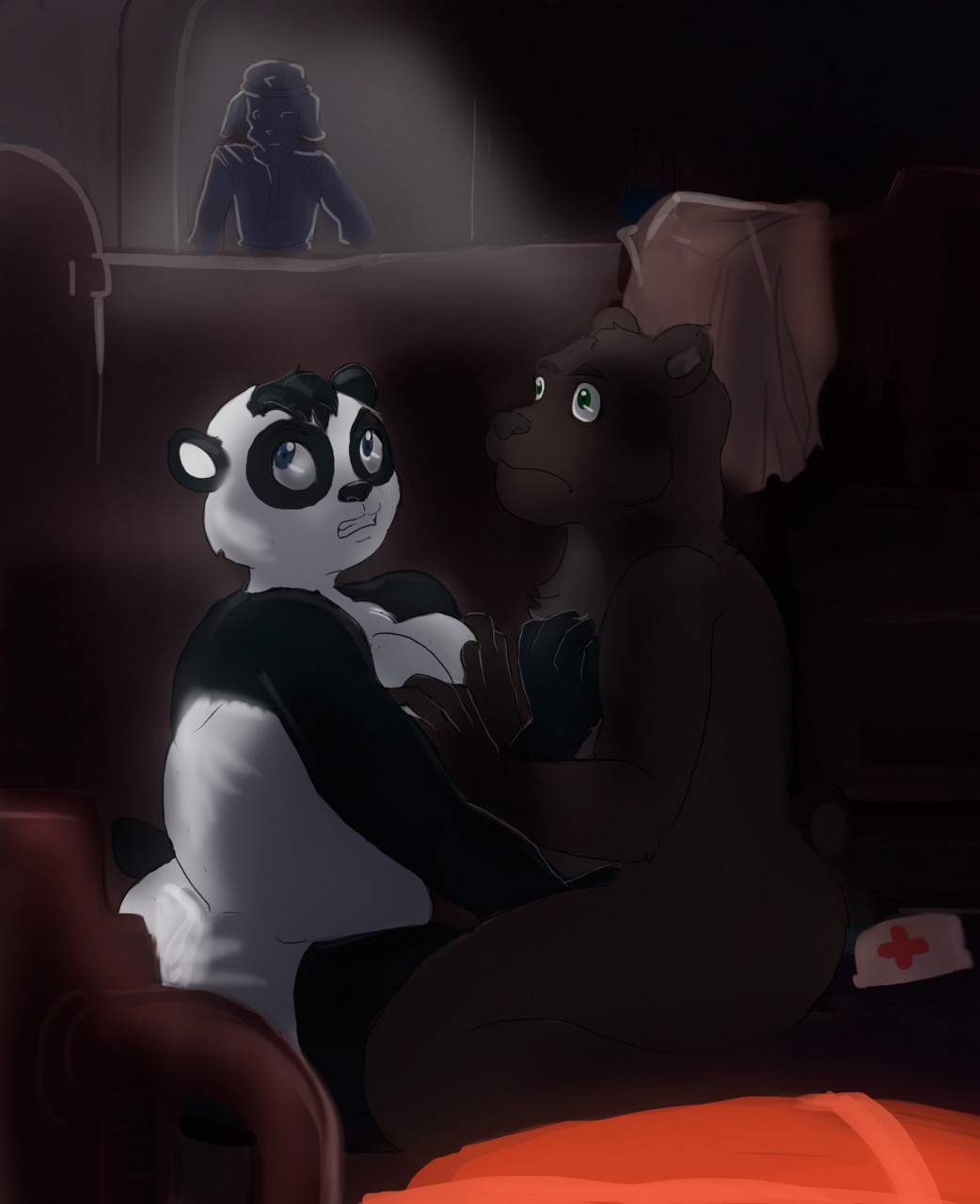 2018 after_sex anthro breast_grab breasts brown_bear crotch_grab cuddling digital_media_(artwork) duo female fur grizzly_bear grope hand_on_breast intruder male male/female mammal missebony naturally_censored nude nurse panda romantic_couple side_boob smile surprise ursine