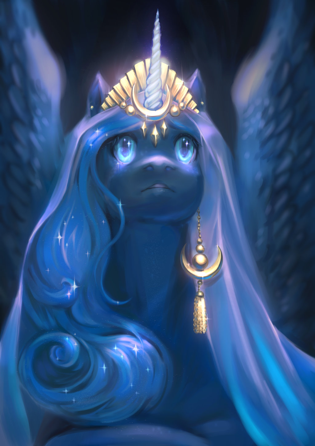 2018 blue_feathers bust_portrait catofrage cosmic_hair crown ear_piercing equine eyelashes feathered_wings feathers female feral friendship_is_magic hair headdress horn long_hair mammal my_little_pony nude piercing portrait princess_luna_(mlp) royalty solo sparkles spread_wings teal_eyes teeth winged_unicorn wings