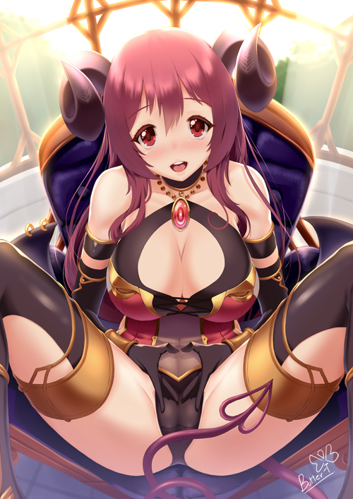 :d black_gloves black_panties blush breasts brooch butter-t cleavage cleavage_cutout commentary_request demon_girl demon_tail elbow_gloves gloves hasekura_io heart heart_hands horns jewelry large_breasts long_hair looking_at_viewer open_mouth panties princess_connect! princess_connect!_re:dive red_eyes red_hair signature sitting smile solo spread_legs tail thighhighs underwear
