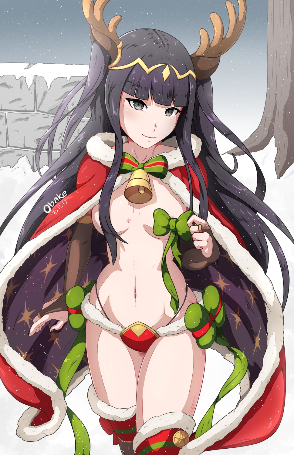 1girl antlers artist_name bell black_hair breasts bridal_gauntlets cape christmas circlet collarbone convenient_censoring fake_antlers fingernails fire_emblem fire_emblem:_kakusei fire_emblem_heroes fur_trim green_ribbon hair_censor hair_ornament highres horns long_hair looking_at_viewer medium_breasts nail_polish navel nintendo obakeart red_legwear reindeer_antlers ribbon silver_eyes smile snow snowing solo star star_print tharja thighhighs thighs tiara topless tree