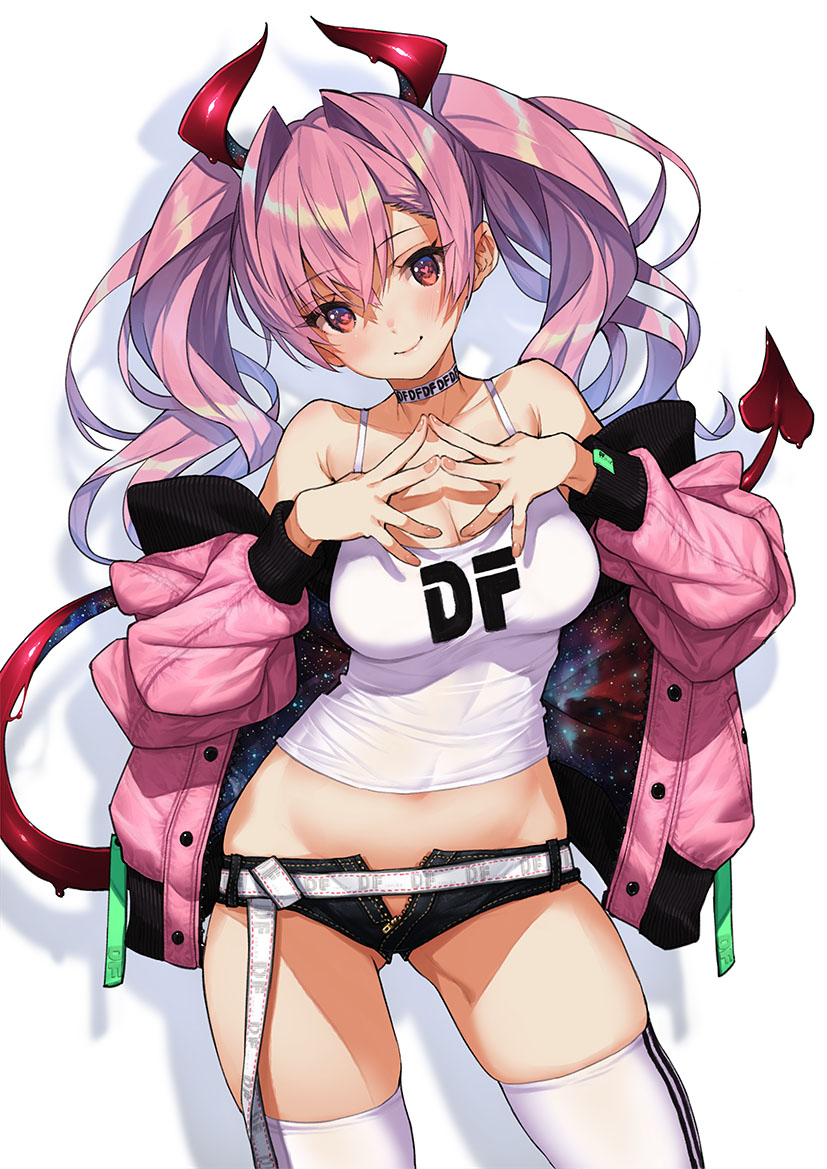 1girl belt blush breasts camisole choker cleavage closed_mouth covered_navel cowboy_shot crop_top demon_girl demon_tail denim denim_shorts erect_nipples eyebrows_visible_through_hair fingers_together gluteal_fold head_tilt heart heart-shaped_pupils horns jacket long_hair looking_at_viewer medium_breasts midriff off_shoulder open_clothes open_fly open_jacket open_pants original own_hands_together pink_eyes pink_hair saitou_masatsugu short_shorts shorts simple_background skindentation smile solo symbol-shaped_pupils tail thighhighs twintails white_legwear