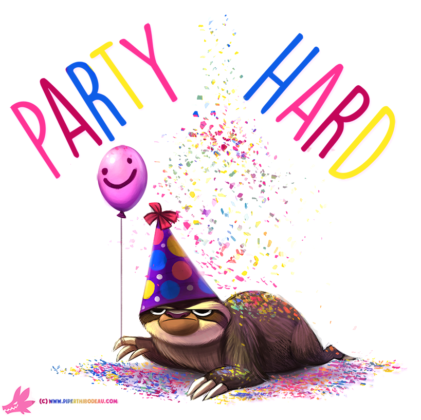 ambiguous_gender balloon brown_fur claws confetti cryptid-creations english_text feral fur grumpy hat mammal party_hat simple_background sloth smiley_face solo text white_background white_fur
