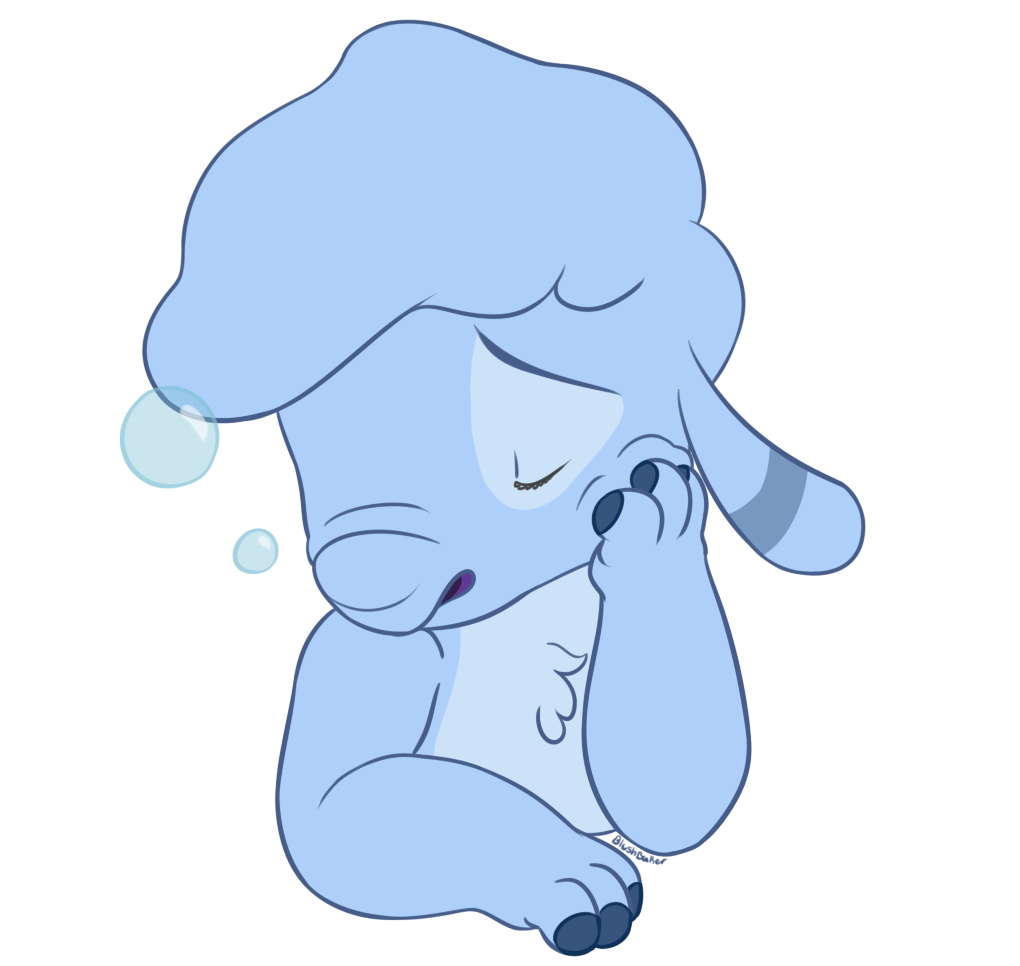 2018 alien alpha_channel arm_support blue_fur blushbaker bubble chest_tuft digital_drawing_(artwork) digital_media_(artwork) disney drowsy_(lilo_and_stitch) experiment_(species) eyes_closed flat_colors fur hand_on_face lilo_and_stitch signature simple_background sleeping transparent_background tuft