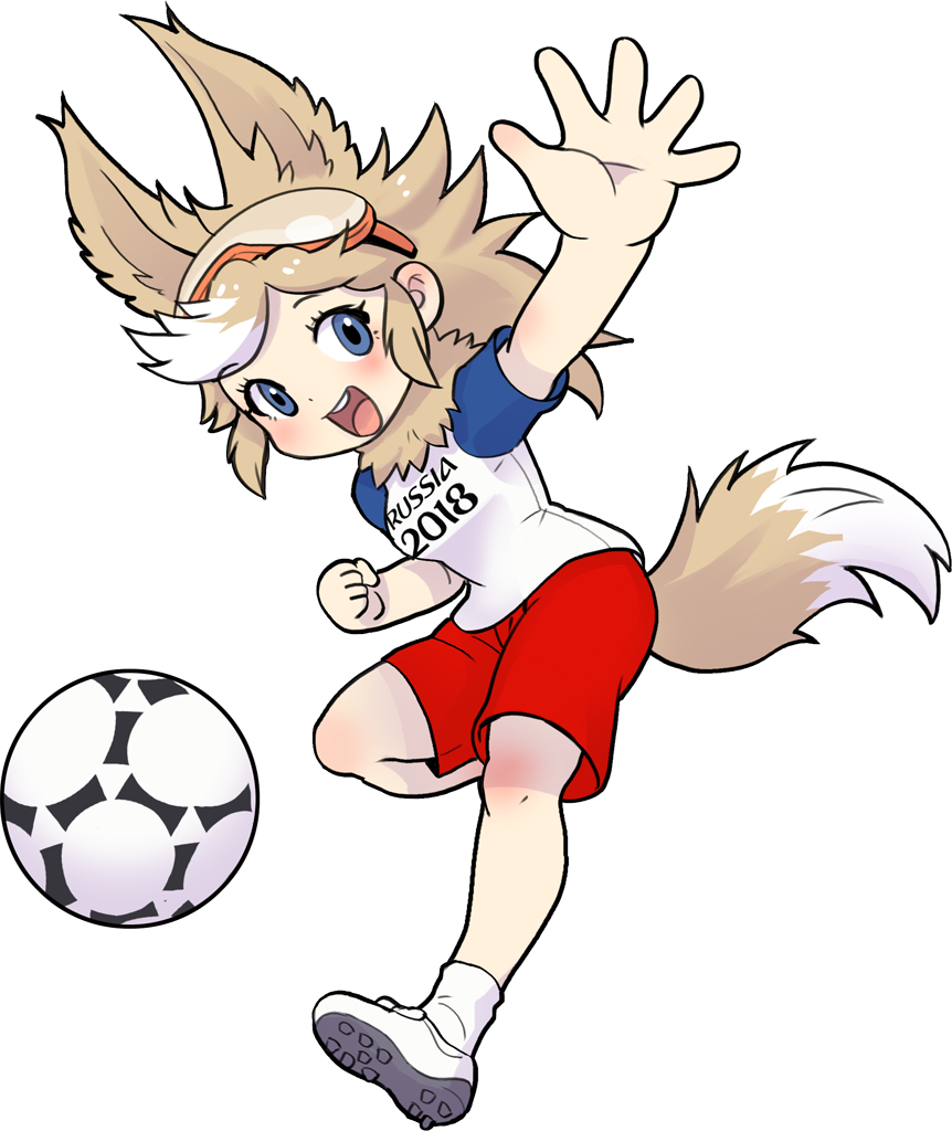 2018 2018_fifa_world_cup :d animal_ears ball blue_eyes check_commentary clenched_hand clothes_writing commentary_request dog_ears dog_tail extra_ears full_body goggles goggles_on_head hand_up kemono_friends looking_at_viewer mascot open_mouth outstretched_arm raglan_sleeves red_shorts roonhee round_teeth russia shoes short_sleeves shorts smile soccer soccer_ball soccer_uniform socks solo sportswear standing standing_on_one_leg tail teeth white_legwear world_cup zabivaka