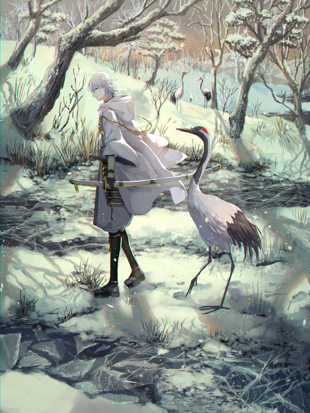 bird black_footwear black_gloves commentary crane_(animal) gloves grey_hair grey_legwear highres holding holding_sword holding_weapon hood hood_down ice looking_at_viewer looking_to_the_side male_focus outdoors partly_fingerless_gloves pippi_(pixiv_1922055) red_eyes river sandals scabbard sheath smile snow standing sword tabi touken_ranbu tree tsurumaru_kuninaga weapon winter