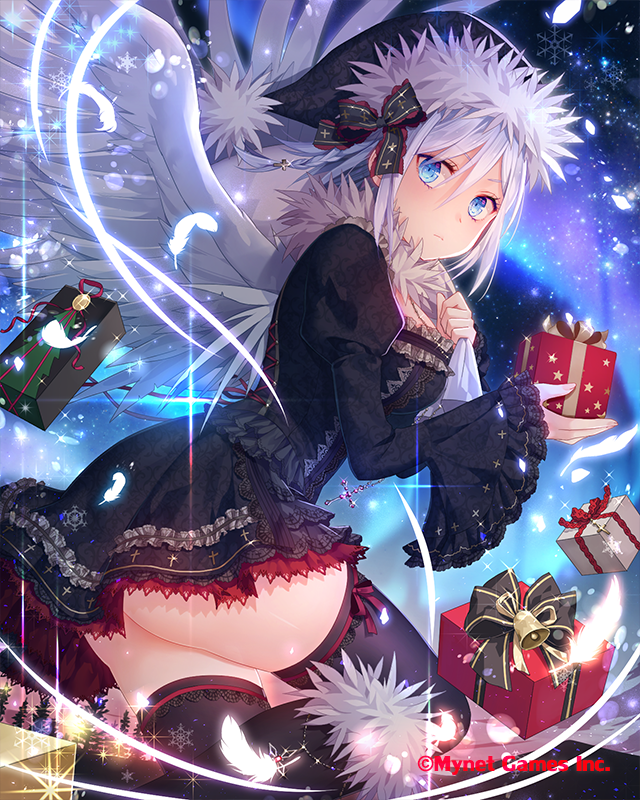 1girl ass bell black_bow black_dress black_hat black_legwear blue_eyes blue_sky bow braid christmas dress falkyrie_no_monshou frills gift hair_bow hat looking_at_viewer natsumekinoko night night_sky official_art outdoors over_shoulder sack sky snowflakes thighhighs tree watermark white_hair white_wings wide_sleeves wings