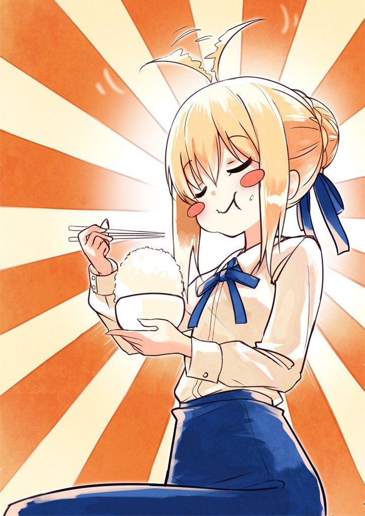 1girl :t ahoge ahoge_wag artoria_pendragon_(all) bangs blonde_hair blue_neckwear blue_ribbon blue_skirt bowl braid chopsticks closed_mouth collared_shirt commentary_request eating expressive_hair eyebrows_visible_through_hair eyes_closed fate/stay_night fate_(series) food food_on_face hair_bun hair_ribbon happy holding long_sleeves looking_at_viewer miruto_netsuki ribbon rice rice_bowl saber shirt skirt smile solo white_shirt wing_collar