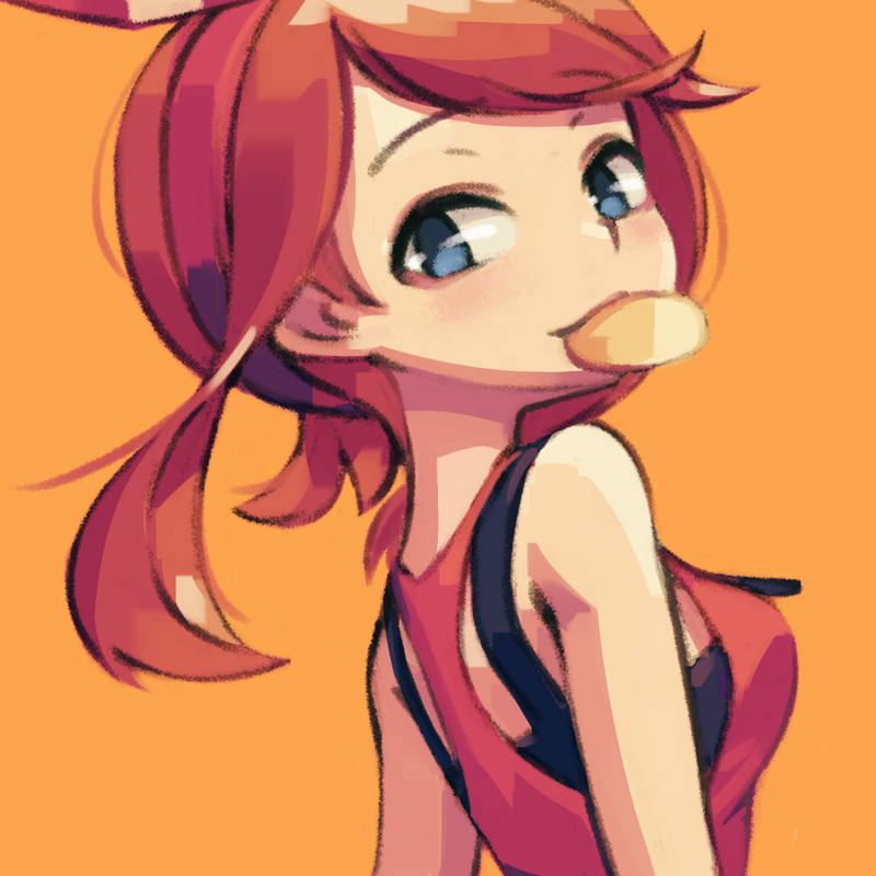 back bangs bare_shoulders blue_eyes eating food_in_mouth haruka_(pokemon) looking_at_viewer looking_back pokemon pokemon_(game) pokemon_oras raised_eyebrows red_hair short_hair smile upper_body