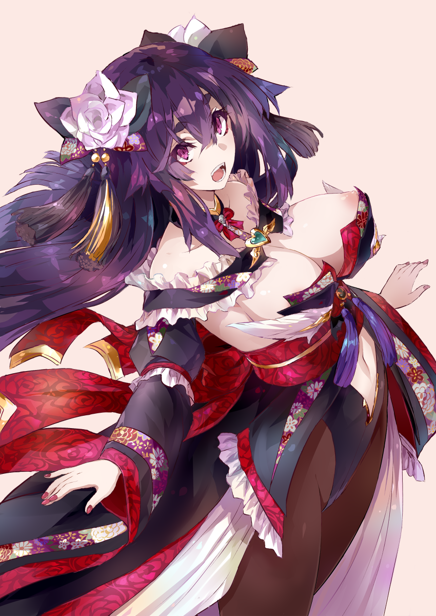 1girl :o arms_at_sides bangs bare_shoulders black_leotard bow bowtie breasts brown_legwear cleavage collarbone cowboy_shot detached_collar detached_sleeves eyebrows_visible_through_hair fangs fingernails floral_print frills from_above hair_between_eyes hair_ornament highres japanese_clothes large_breasts leaning_back leotard long_hair long_sleeves looking_at_viewer nail_polish navel navel_cutout nipple_slip nipples obi open_mouth original pantyhose purple_eyes purple_hair ramuya_(lamb) red_nails red_neckwear sash solo standing tassel teeth thick_eyebrows wide_sleeves