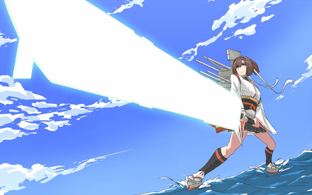 black_skirt brown_eyes brown_hair full_body hachimaki hair_ribbon hakama_skirt headband holding holding_sword holding_weapon ise_(kantai_collection) kanajika_(kanadika) kantai_collection nontraditional_miko parody ponytail pose red_ribbon remodel_(kantai_collection) ribbon short_hair skirt solo sunrise_stance sword weapon