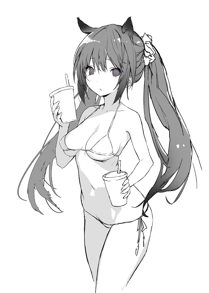animal_ear_fluff arched_back bangs bikini breasts breasts_apart copyright_request dot_nose drinking_straw greyscale holding jiyu2 long_hair looking_at_viewer lowleg lowleg_bikini monochrome navel side-tie_bikini simple_background solo string_bikini swimsuit twintails white_background