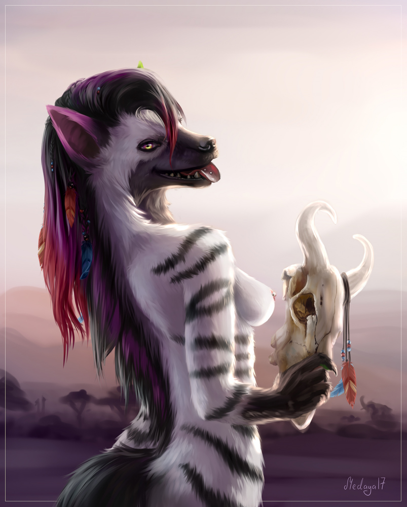 2017 anthro breasts female fur hair holding_object hyena mammal medaya nude side_boob skull solo striped_hyena tongue tongue_out white_fur yellow_eyes