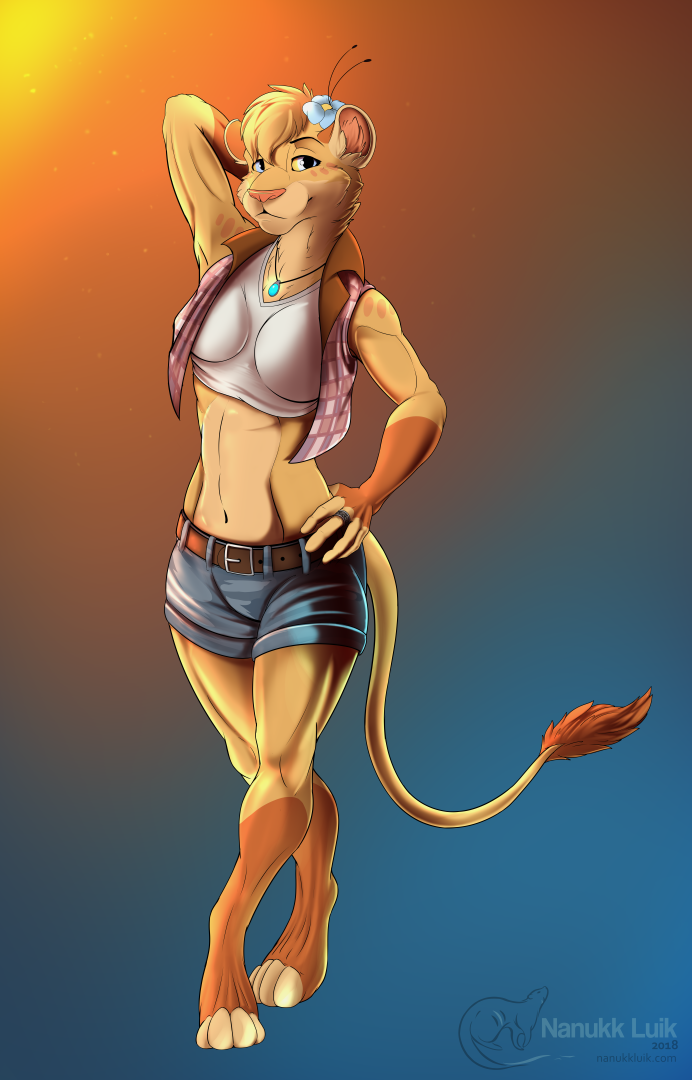 2018 anthro bahati_whiteclaw blue_background blue_eyes breasts clothing crop_top denim_shorts feline female fingerless_(marking) flower flower_in_hair gloves_(marking) gradient_background jewelry lion mammal markings nanukkluik necklace orange_background pendant plant ring shirt shorts simple_background socks_(marking) solo tail_tuft toeless_(marking) tuft yellow_sclera