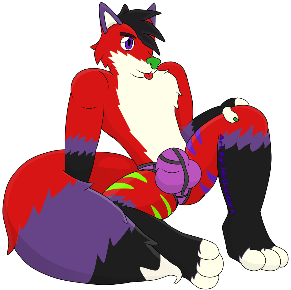 2018 anthro blep briefs bulge canine clothed clothing digital_media_(artwork) fluffy fox fur hair hi_res majira_strawberry male mammal multicolored_fur notkastar signature simple_background sitting smile solo spread_legs spreading stripes tongue tongue_out topless underwear
