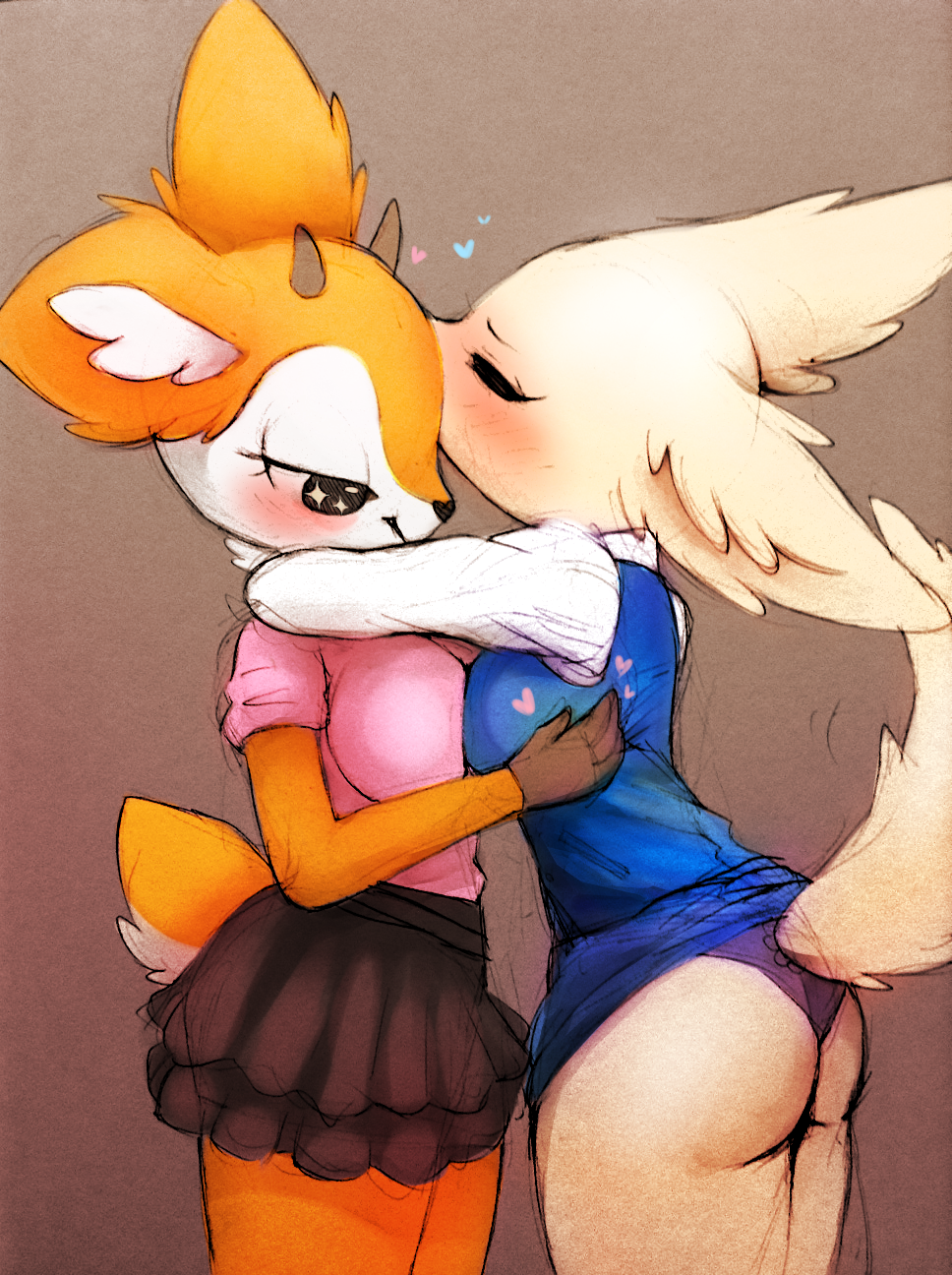 &lt;3 2018 aggressive_retsuko anthro blush breasts canine clothed clothing duo female female/female fennec fenneko fox horn mammal napdust sanrio simple_background tsunoda