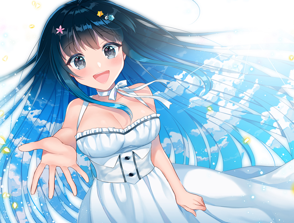 1girl :d ahoge bangs bare_arms bare_shoulders black_eyes black_hair blue_sky blush breasts choker cleavage cloud cloudy_sky commentary_request cowboy_shot dress eyebrows_visible_through_hair floating_hair flower frilled_dress frills glint hair_flower hair_ornament large_breasts long_hair looking_at_viewer naomi_(fantasia) open_mouth original outstretched_hand reaching_out ribbon_choker sky sleeveless sleeveless_dress smile solo standing star star_hair_ornament underbust upper_teeth white_choker white_dress