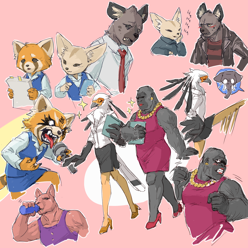 5girls aggressive_retsuko bird black_skirt blue_skirt blush bottle cellphone chenpn clenched_hand closed_eyes commentary dress drinking dual_persona eagle earrings elephant fennec_fox fenneko folder furry gori_(aggretsuko) gorilla haida high_heels holding holding_microphone hyena jacket jewelry kangaroo kicking laughing leather leather_jacket long_sleeves looking_at_another microphone motion_blur multiple_boys multiple_girls multiple_views necklace necktie office_lady papers pencil_skirt phone pink_background pink_dress pink_footwear red_neckwear red_panda retsuko shachou_(aggretsuko) shirt sketch skirt smartphone sparkle speech_bubble striped striped_shirt tongue tongue_out washimi water_bottle yoga_instructor
