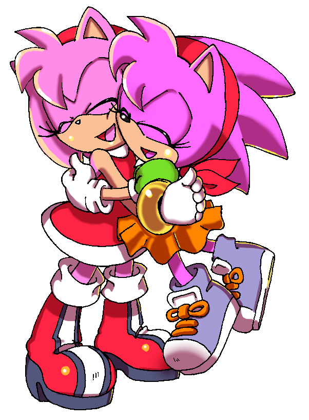 amy_rose anthro black_nose boots bracelet clothing duo eyes_closed female footwear gloves hair hairband hedgehog hug jewelry mammal past_meets_present pink_hair rosy_the_rascal short_hair smsskullleader sonic_(series) sonic_cd square_crossover video_games