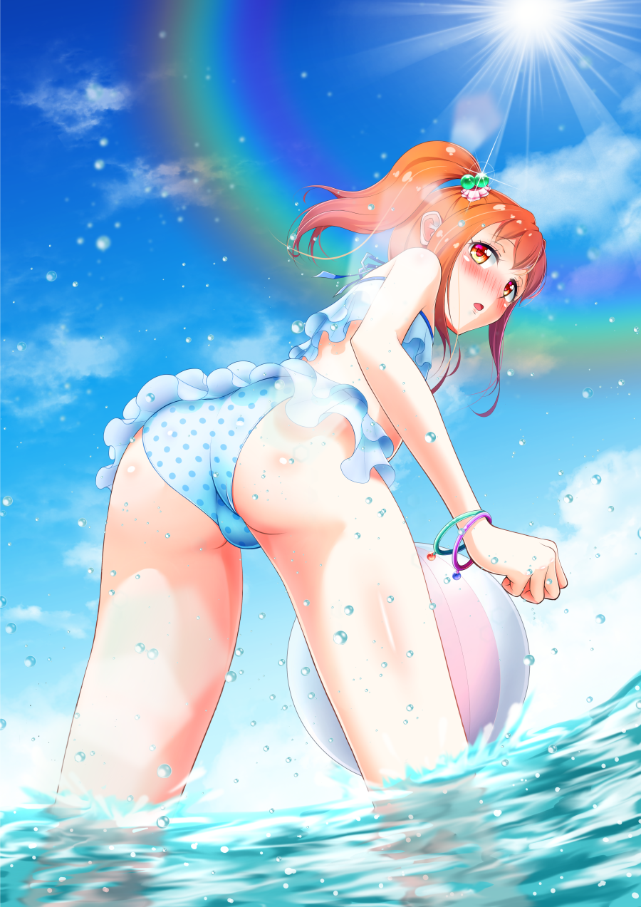 1boy ass ball bare_shoulders beachball blue_sky blush bracelets bulge from_behind hair_bobbles leaning leaning_forward long_hair looking_back nobady orange_eyes orange_hair original ponytail shiny shiny_hair shiny_skin sky solo swimsuit trap water wet wet_hair wet_skin