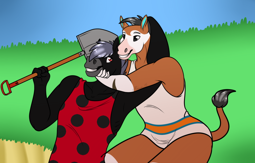 2015 4_fingers animal_crossing anthro anthro_on_anthro biped black_body black_eyes bottomless brown_body brown_stripes brown_tail clothed clothing collarbone digital_drawing_(artwork) digital_media_(artwork) duo embrace equine gloves_(marking) grass grey_body grey_hair grey_tail hair happy head_grab holding_object horse hug humanoid_hands looking_at_another looking_at_partner male male/male mammal markings multicolored_body muzzle_(marking) nintendo okapi outside papi_(animal_crossing) pink_body rainbowdrools red_eyes romantic_couple roscoe_(animal_crossing) shirt short_hair shovel sky small_waist smile snout socks_(marking) striped_body stripes tail_tuft tuft two_tone_body two_tone_tail video_games white_body
