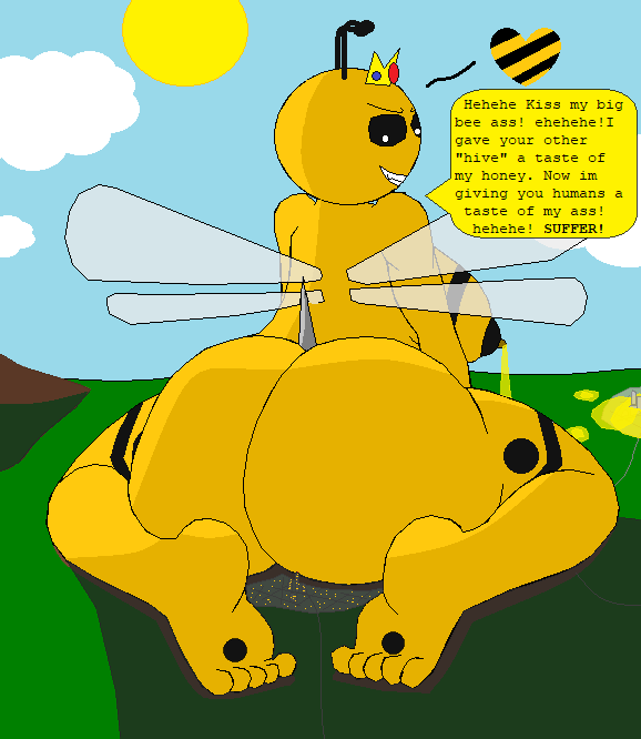 2018 antennae anthro areola arthropod bee big_breasts breasts building butt butt_crush city crown crush destruction digital_media_(artwork) fangs female honey insect insect_wings lactating macro nipples not_furry nude outside pussy queen_liya(taa) sharp_teeth simple_background sky smile smirk solo teeth text thearabicartist wings