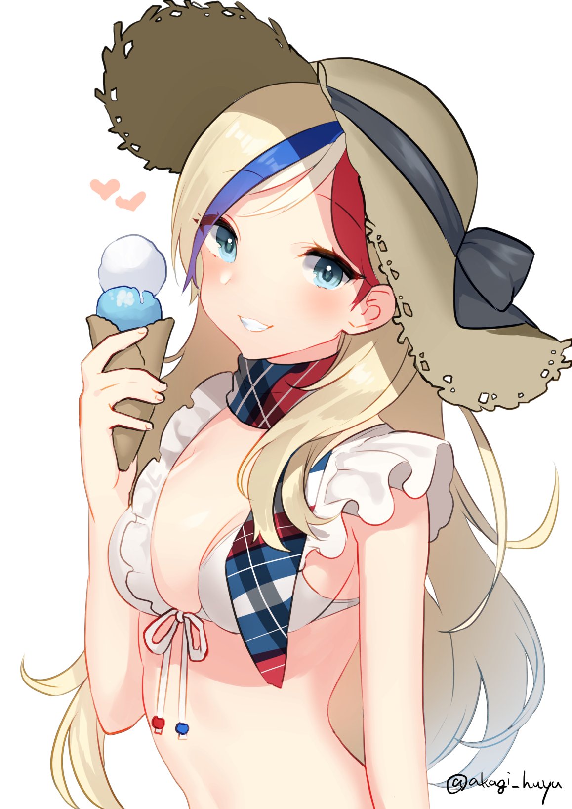 bikini blonde_hair blue_eyes blue_hair breasts commandant_teste_(kantai_collection) food frilled_bikini frilled_bikini_top frills front-tie_top hat highres ice_cream ice_cream_cone kantai_collection long_hair looking_at_viewer mizuki_eiru_(akagi_kurage) multicolored multicolored_clothes multicolored_hair multicolored_scarf parted_lips plaid plaid_scarf red_hair scarf simple_background small_breasts solo streaked_hair sun_hat swimsuit twitter_username upper_body wavy_hair white_background white_bikini white_bikini_top white_hair