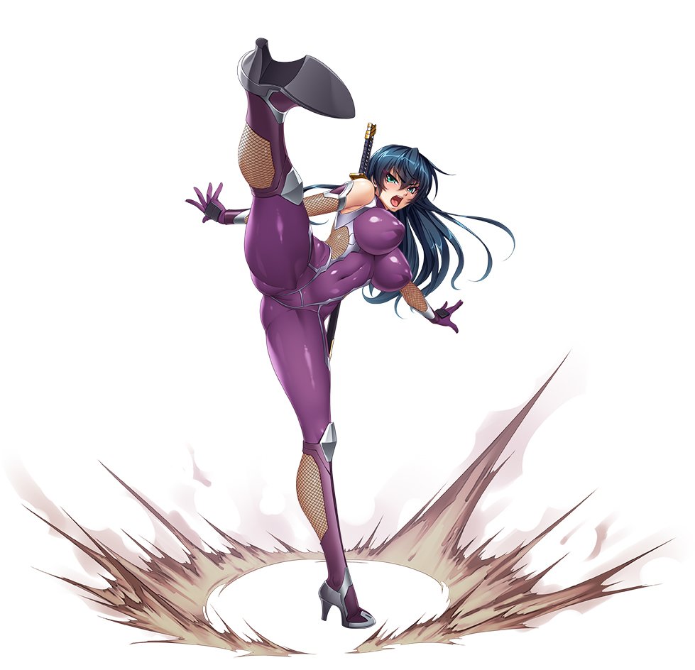 aqua_eyes armpits bangs blue_hair bodysuit breasts cameltoe commentary covered_navel covered_nipples elbow_gloves eyebrows_visible_through_hair fishnets full_body gloves igawa_asagi impossible_bodysuit impossible_clothes kagami_hirotaka kicking large_breasts long_hair looking_at_viewer official_art open_mouth purple_bodysuit purple_gloves shiny shiny_clothes shiny_hair simple_background skin_tight sleeveless solo sword taimanin_(series) taimanin_asagi taimanin_asagi_kessen_arena thighhighs weapon weapon_on_back white_background
