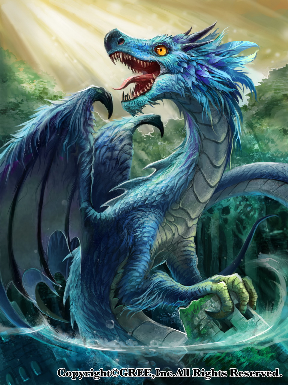 dragon feathers highres light_rays monster no_humans official_art open_mouth outdoors ruins seisen_cerberus tongue tongue_out water watermark yellow_eyes z.dk