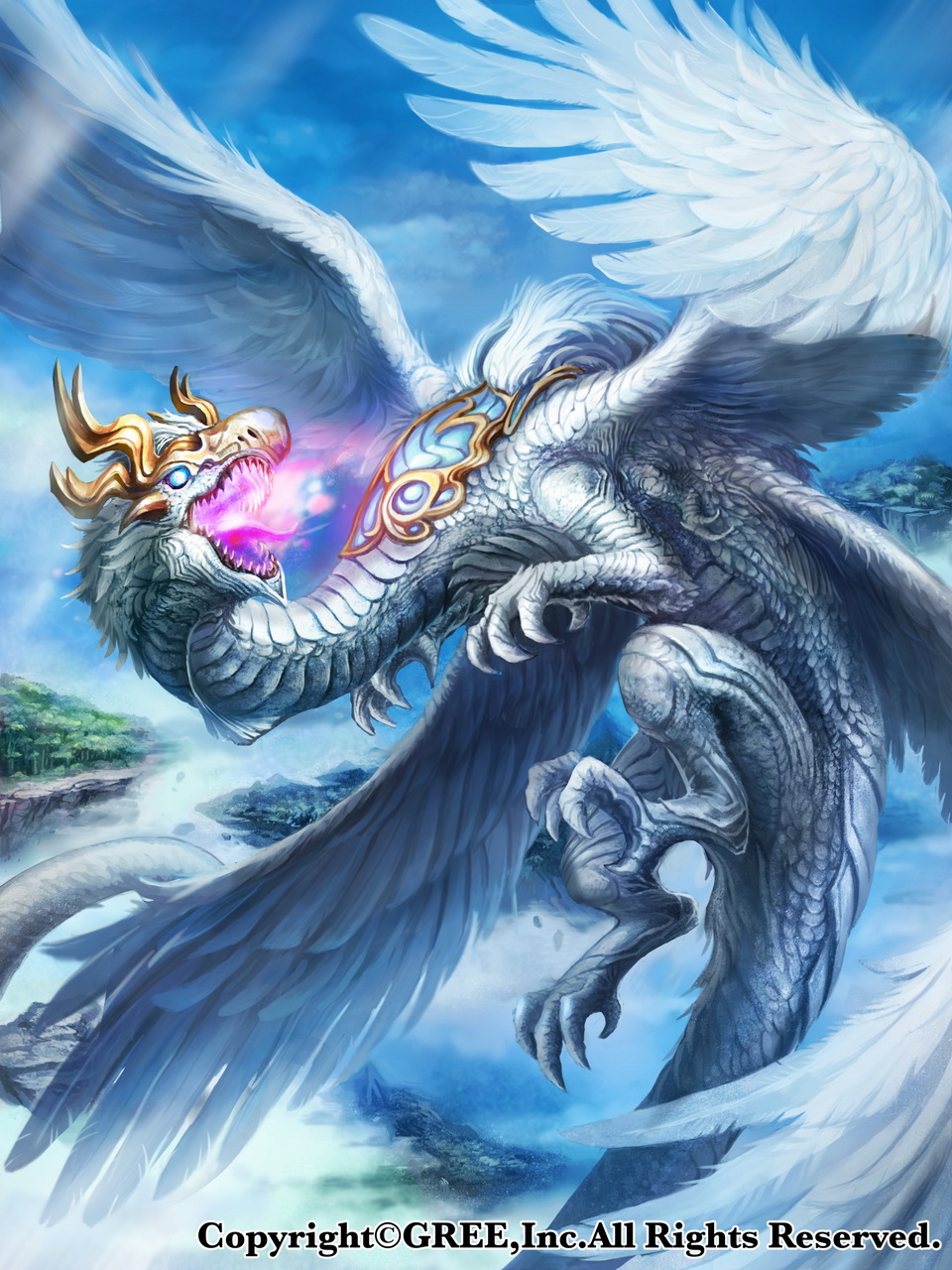 breathing_fire cloud cloudy_sky commentary_request day dragon fire floating_island flying glowing glowing_eyes highres light_rays monster multiple_wings no_humans official_art outdoors seisen_cerberus sky watermark wings z.dk