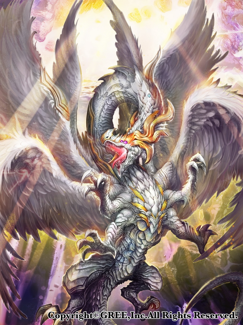 dragon highres light_rays monster multiple_wings no_humans official_art open_mouth outdoors seisen_cerberus spread_wings watermark wings z.dk