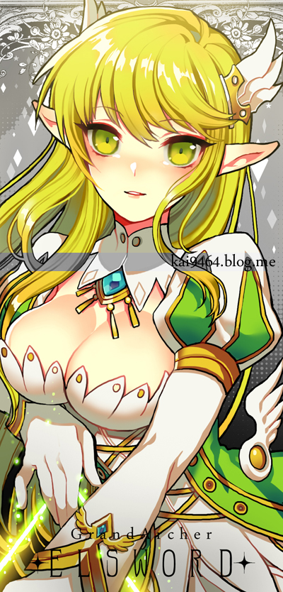 blush bow_(weapon) breasts character_name cleavage cleavage_cutout copyright_name drawing_bow elbow_gloves elf elsword eyebrows_visible_through_hair gloves grand_archer_(elsword) green_eyes green_hair hair_ornament high_collar juliet_sleeves large_breasts long_hair long_sleeves looking_at_viewer parted_lips pika_(kai9464) pointy_ears puffy_sleeves rena_(elsword) smile solo upper_body watermark weapon web_address white_gloves