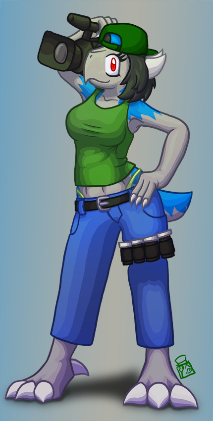 anthro camera clothed clothing cool_colors cranidos female hat holding_camera holding_object intruder_(artist) nintendo pok&eacute;mon pok&eacute;mon_(species) pok&eacute;morph solo video_camera video_games