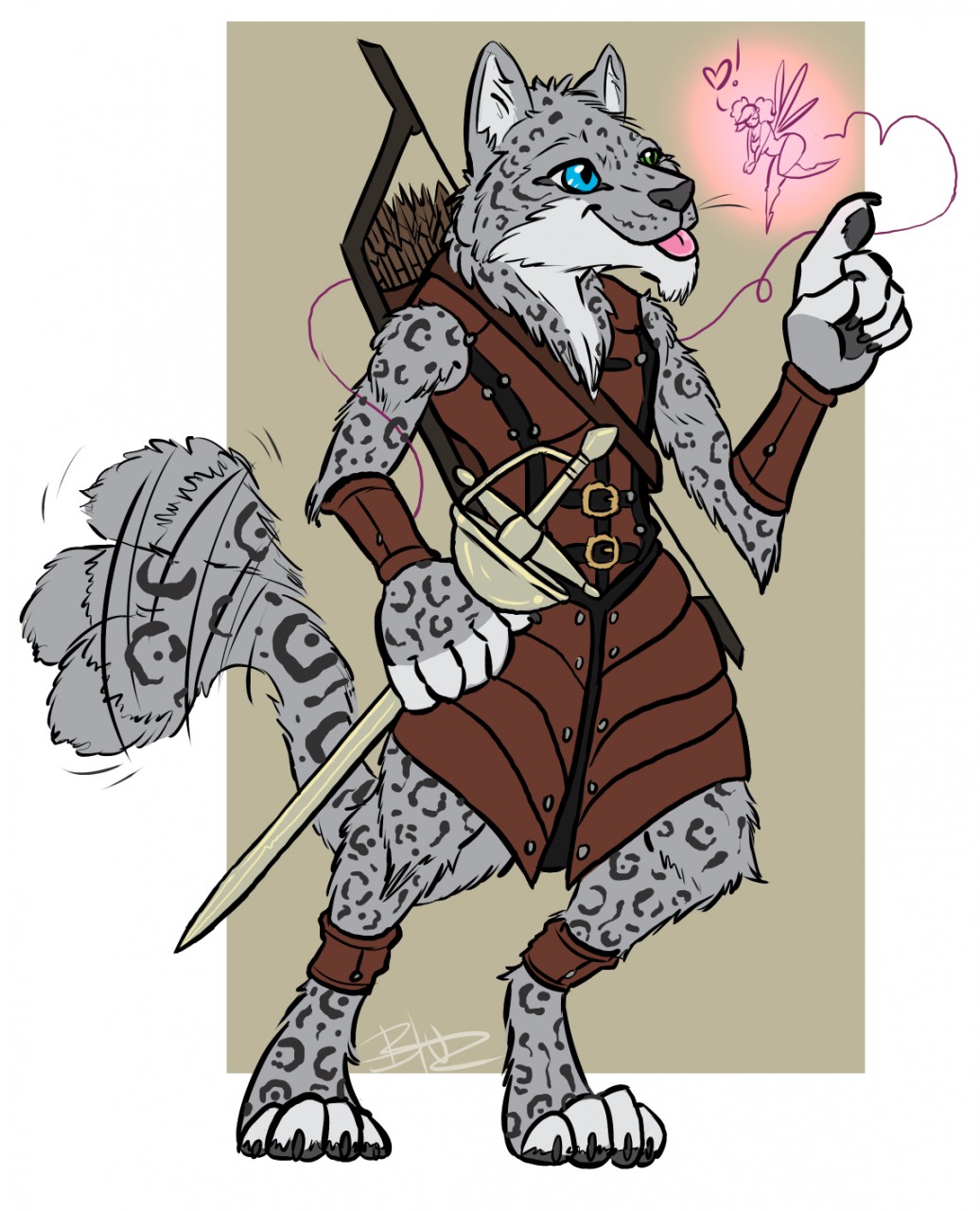 anthro armor blu_anubiz claws clothed clothing dungeons_&amp;_dragons fairy feline heterochromia leopard mammal melee_weapon snow_leopard sword tabaxi weapon whitethorn_side-smile
