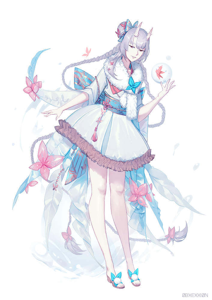 0bsessi0n 1girl absurdly_long_hair artist_name dress flower food_fantasy full_body fur_trim hand_up horns light_blue_dress long_hair looking_at_viewer red_eyes sandals silver_hair solo standing very_long_hair white_background