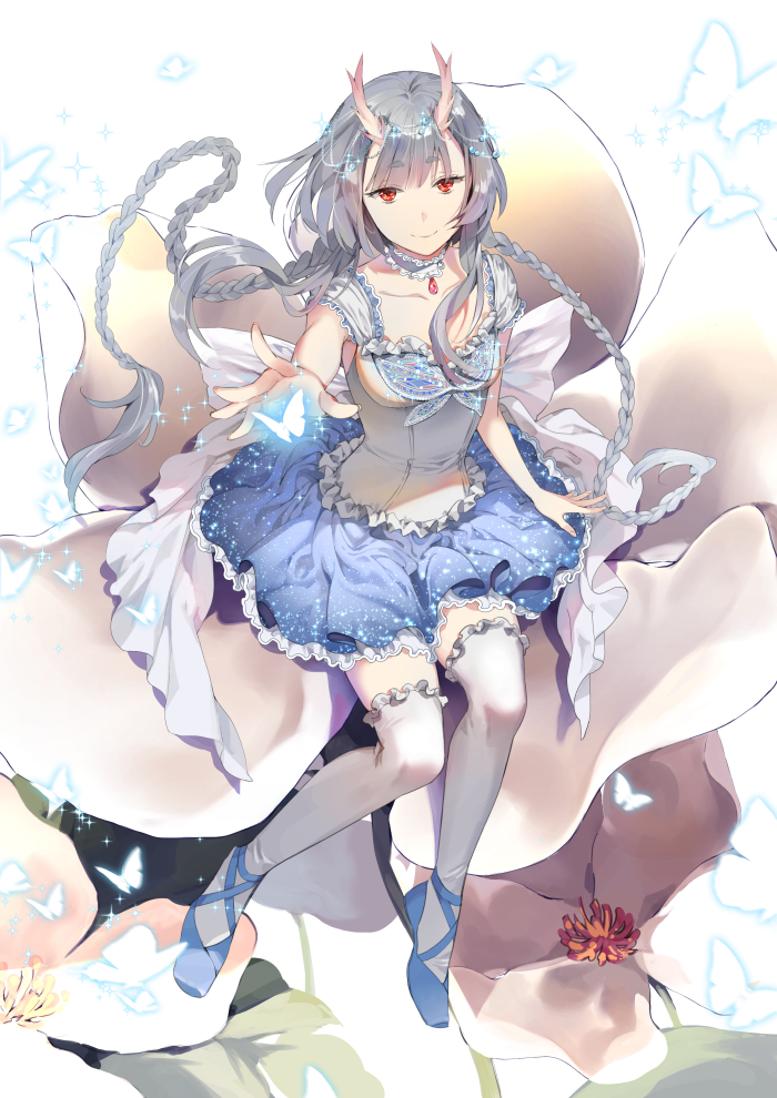 1girl ballet_slippers blue_footwear blue_skirt braid breasts bug butterfly flower food_fantasy full_body gem hand_up horns ice_(ice_aptx) insect looking_at_viewer outstretched_hand red_eyes silver_choker silver_hair sitting skirt small_breasts smile solo thighhighs twin_braids white_background white_legwear