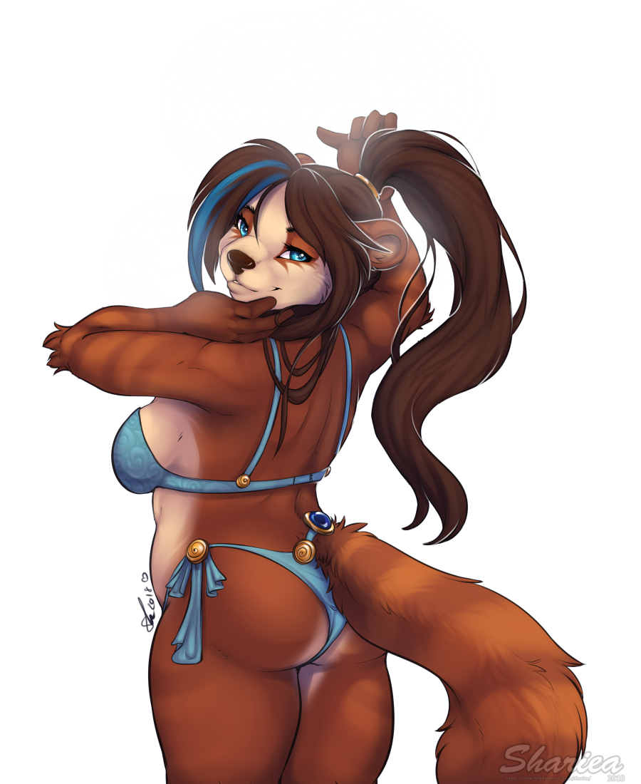 2018 anthro bear blue_eyes bra breasts brown_fur brown_hair brown_nose clothed clothing digital_media_(artwork) female fur hair mammal pandaren red_panda shariea simple_background slightly_chubby solo underwear video_games warcraft white_background