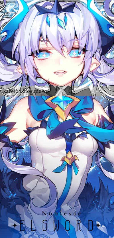 1girl bangs bare_shoulders blue_eyes blue_neckwear bow bowtie breasts character_name copyright_name crown demon_girl detached_sleeves dress elsword eyebrows_visible_through_hair fangs horns long_hair looking_at_viewer luciela_r._sourcream noblesse_(elsword) open_mouth pika_(kai9464) pointy_ears silver_hair small_breasts solo twintails watermark web_address