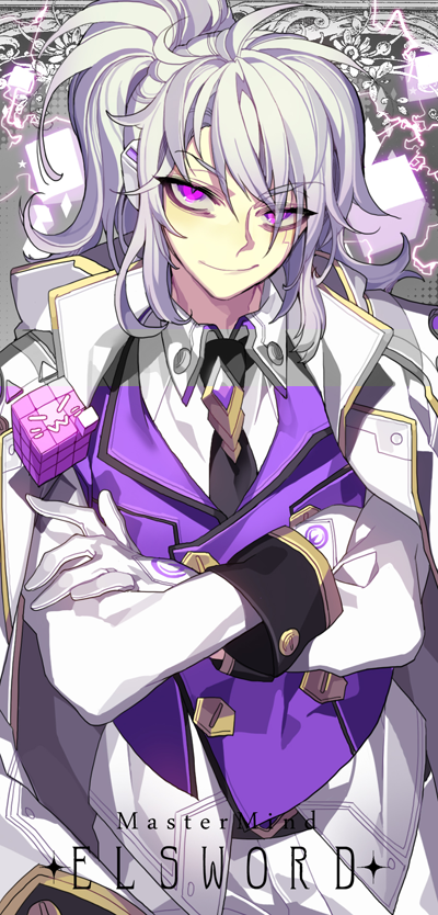 &gt;:) :3 add_(elsword) bangs black_neckwear character_name collared_shirt copyright_name crossed_arms cube electricity elsword eyebrows_visible_through_hair eyes_visible_through_hair facial_mark gloves grey_hair jacket long_hair looking_at_viewer male_focus mastermind_(elsword) necktie pika_(kai9464) ponytail purple_eyes purple_vest shirt sidelocks silver_hair solo upper_body vest white_gloves white_jacket