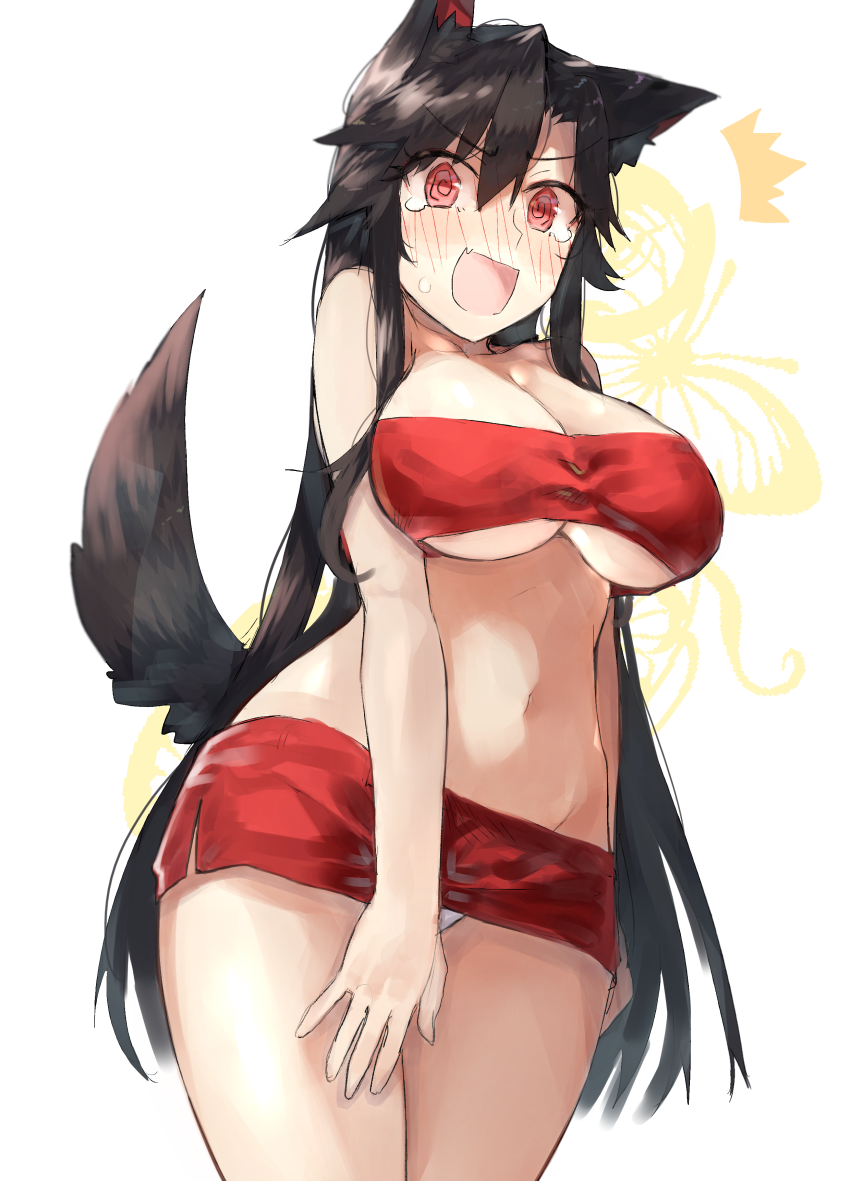 /\/\/\ 1girl :d @_@ alternate_costume animal_ear_fluff animal_ears bandeau bangs bare_arms bare_shoulders black_hair blush breasts cleavage collarbone commentary_request covering covering_crotch cowboy_shot embarrassed eyebrows_visible_through_hair groin hair_between_eyes imaizumi_kagerou kasuka_(kusuki) large_breasts long_hair looking_at_viewer microskirt navel nose_blush open_mouth panties panty_peek red_eyes red_skirt side_slit sidelocks simple_background skirt smile solo standing stomach tail tears thighs touhou underboob underwear very_long_hair white_background white_panties wolf_ears wolf_tail