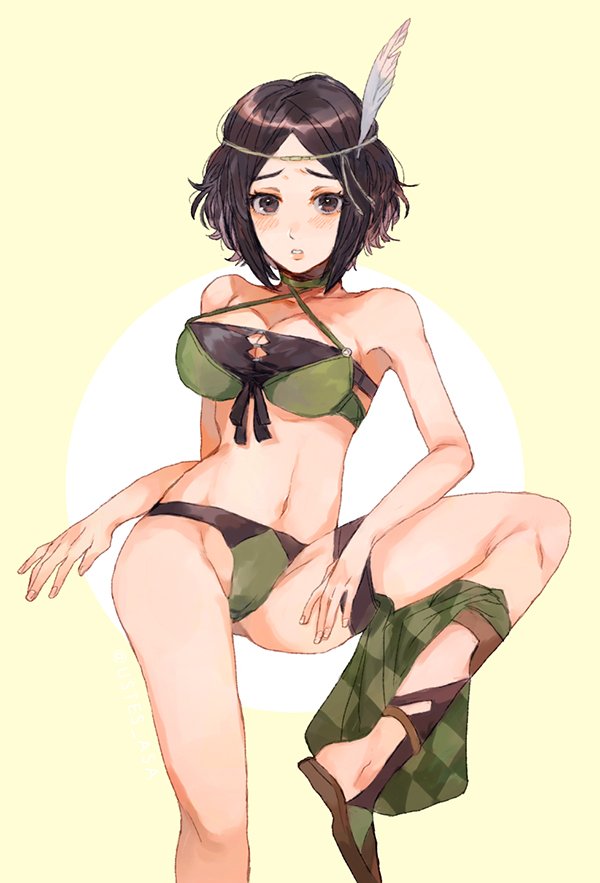 bikini black_eyes black_hair blush breasts crotch fire_emblem fire_emblem:_kakusei fire_emblem_heroes hair_ornament looking_at_viewer navel noire_(fire_emblem) open_mouth short_hair shourou_kanna shy simple_background solo spread_legs swimsuit